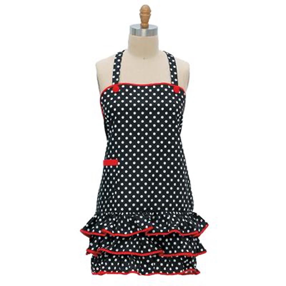 NWT F2722 women’s apron girlie frilly black white dots